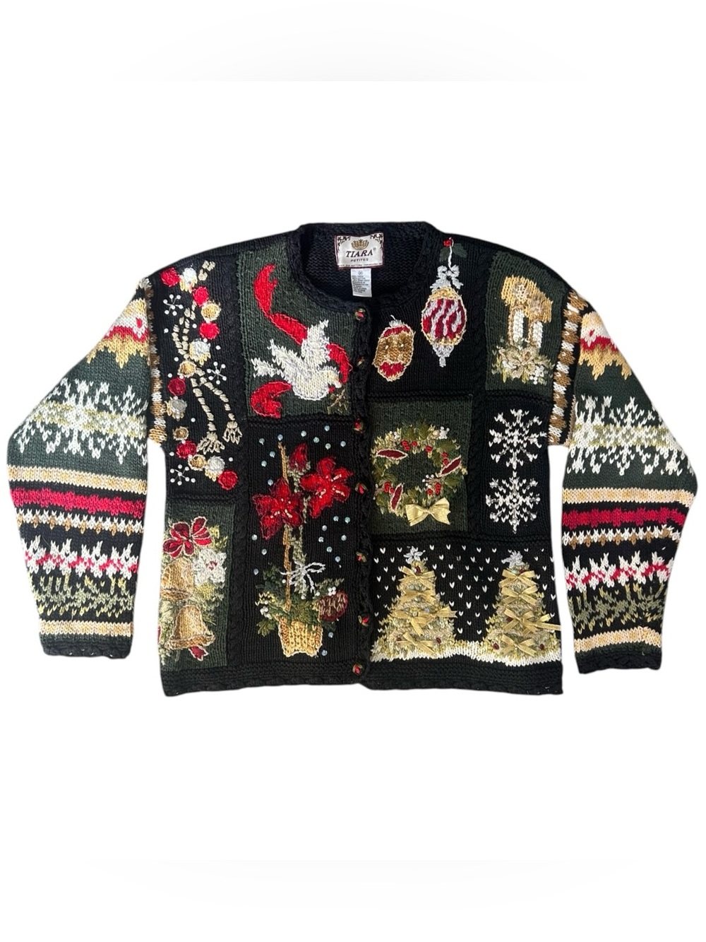 VTG Tiara Petites Ugly Christmas Sweater Cardigan Embroidered Patchwork PM